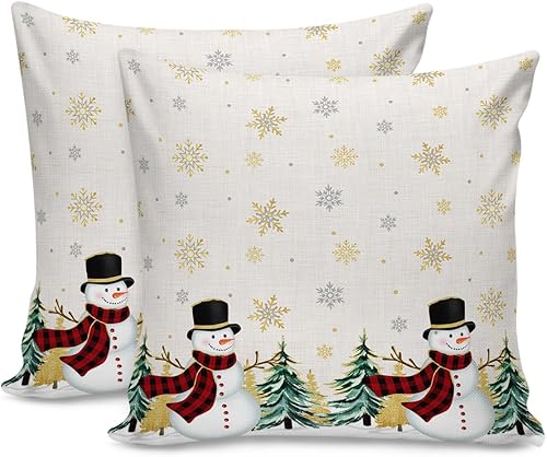 Paquete de 2 fundas de almohada decorativas de algodón, muñeco de nieve dorado, muñeco de nieve, árbol de Navidad, 12 x 20 pulgadas, rectangular,
