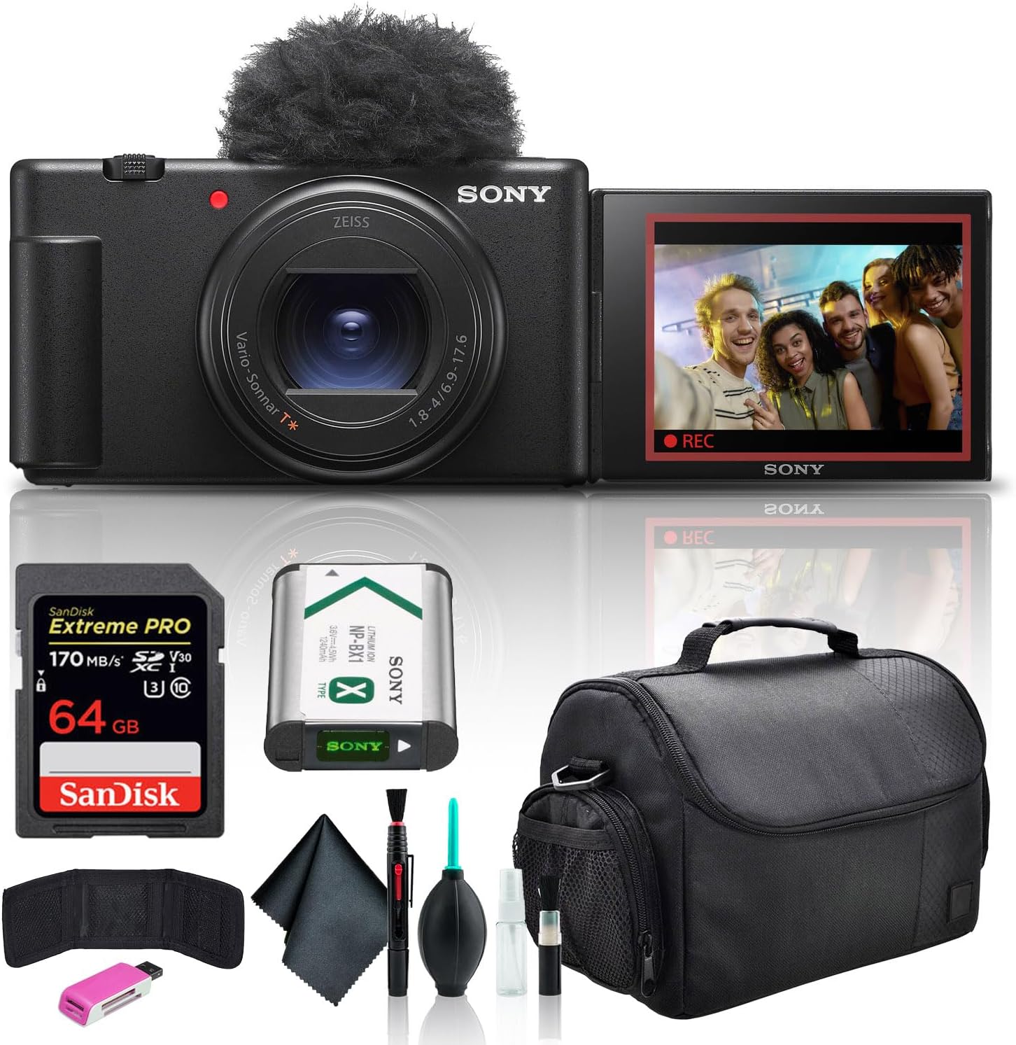 Sony ZV-1 II Vlog Camera for Content Creators and Vloggers Black ZV-1M2/B, 64GB Memory Card, Card Reader, Deluxe Soft Bag, Flex Tripod, Memory Card Wallet, Cleaning Kit