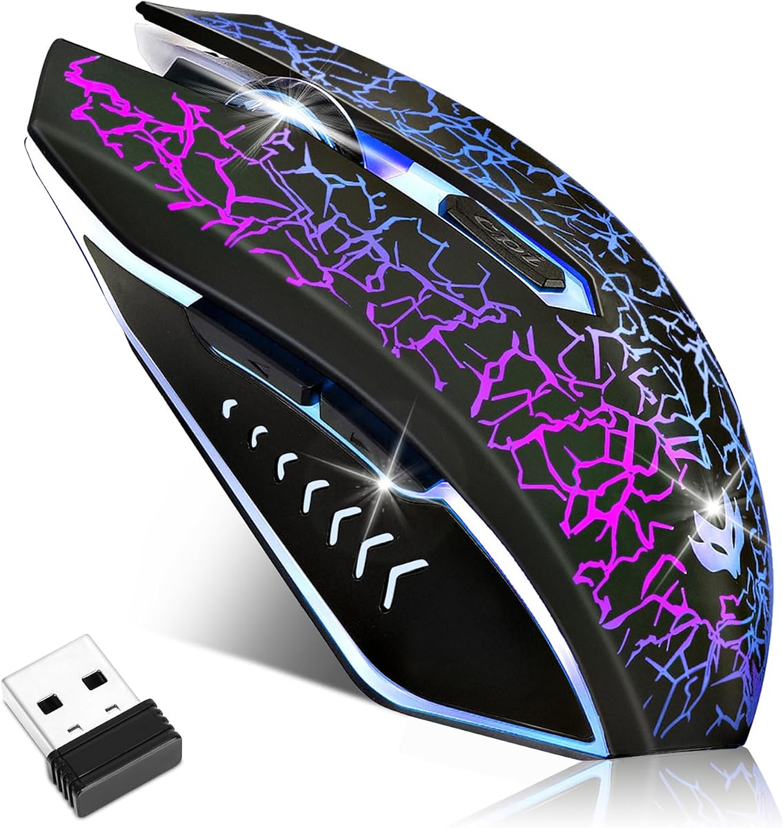 Wireless Gaming Mouse, Rechargeable Wireless Computer Mouse, 7-Color LED Light, Ergonomic Mouse with 6 Silent Click Buttons, 3 Adjustable 2400 DPI Wireless Mouse for Laptop,PC,Mac, Black