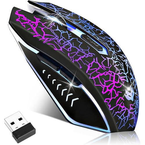 Wireless Gaming Mouse, Rechargeable Wireless Computer Mouse, 7-Color LED Light, Ergonomic Mouse with 6 Silent Click Buttons, 3 Adjustable 2400 DPI Wireless Mouse for Laptop,PC,Mac, Black