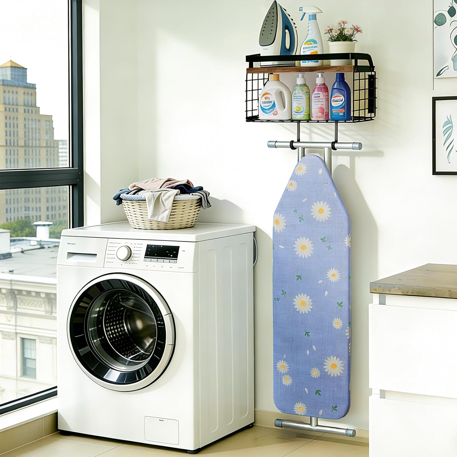 Wall Mount Ironing Board Holder with Shelf Wood & Metal Laundry Organizer | 2 tier all in one sturdy laundry organier detergent holder cllutter-free storage basket rustic laundry decor pre-drill holes