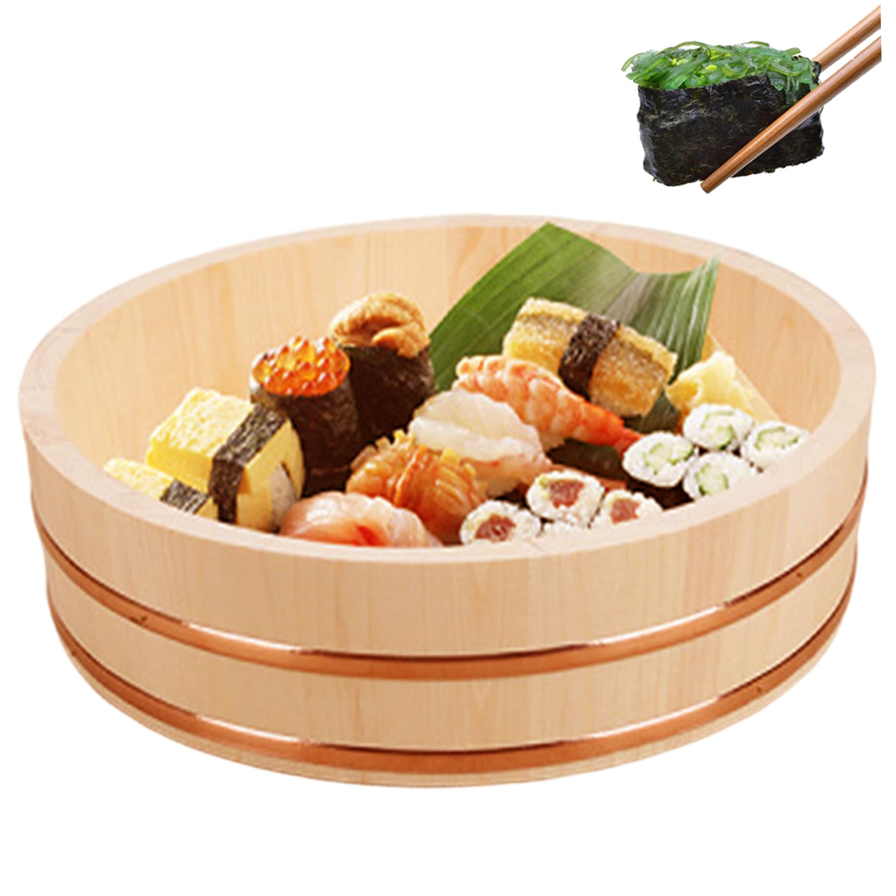 Cuve mélange sushi en bois noble et cuivre avec couvercle pour restaurant