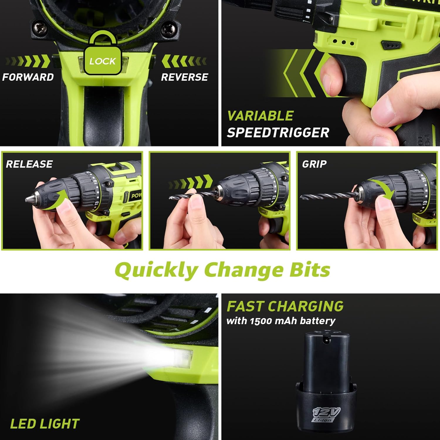 Cordless Drill: 12V Power Drill Set with Lithium Battery, 142Pcs Electric Tools Set with 3/8"Keyless Chuck, Portable Household Basic Tool Kit with Tool Box for Home, Green