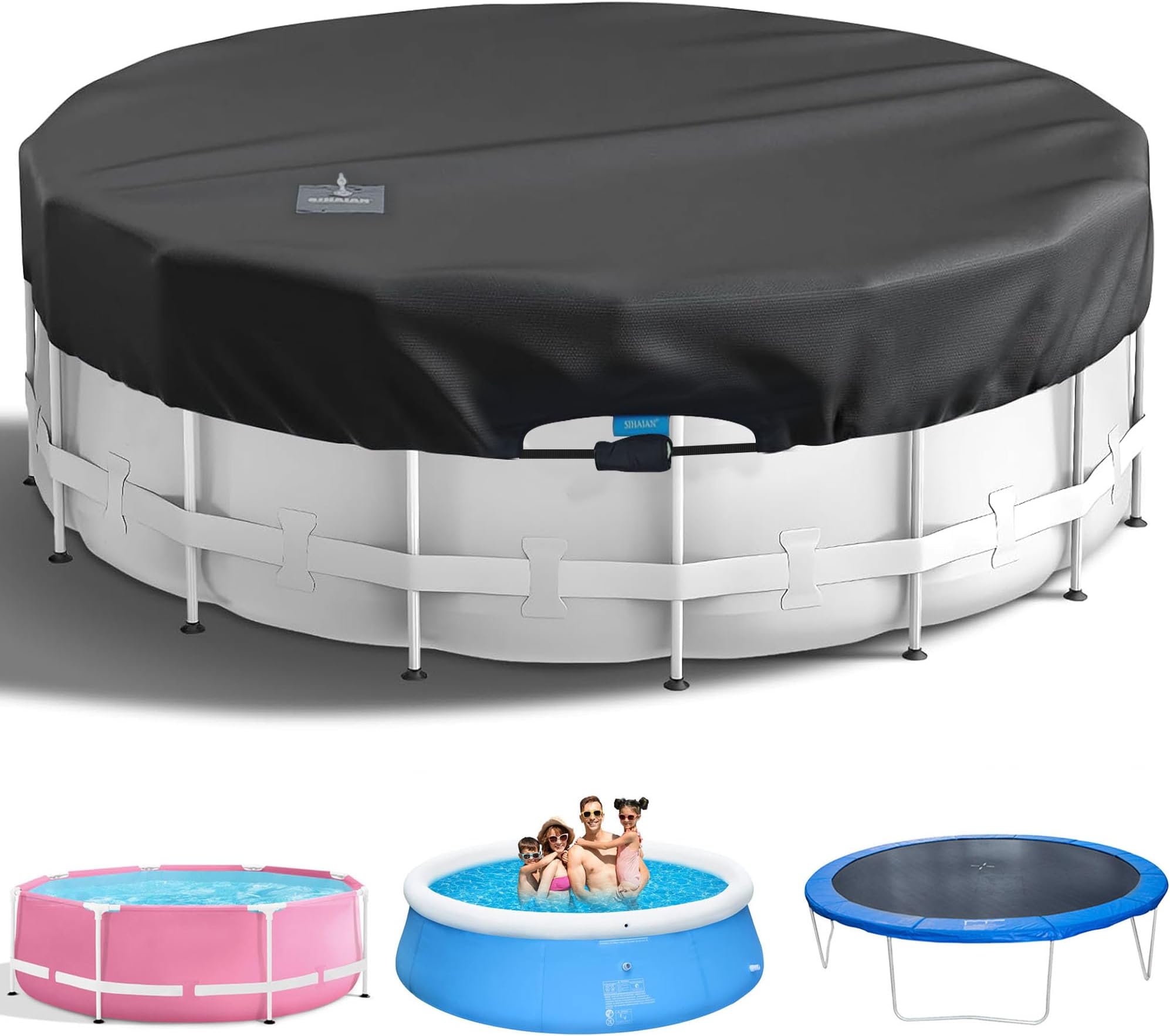SIHAIAN 12 Ft Pool Cover 420D One-Piece Round Pool Cover, Quick Installation and dismantling Above Ground Pool Cover, One-Click Installation Solar Cover,Hydrophobic,UV Protected, Weather Resistant