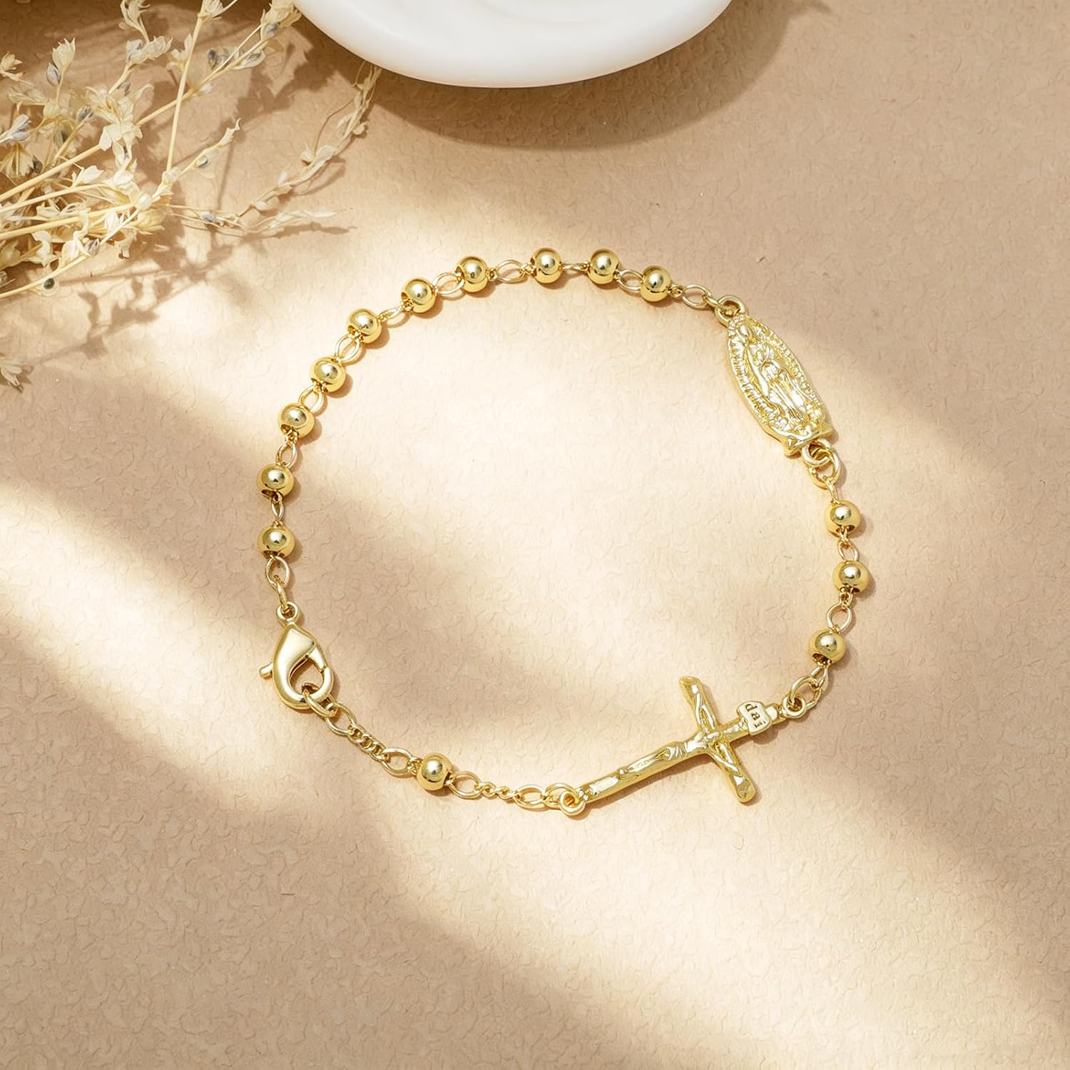 KOMI Catholic Saint Icons Virgin Mary St Benedict St Jude Bracelet for Women 14K Gold Plated Chain Link Cross Bracelet Catholic Religious Protection Jewelry