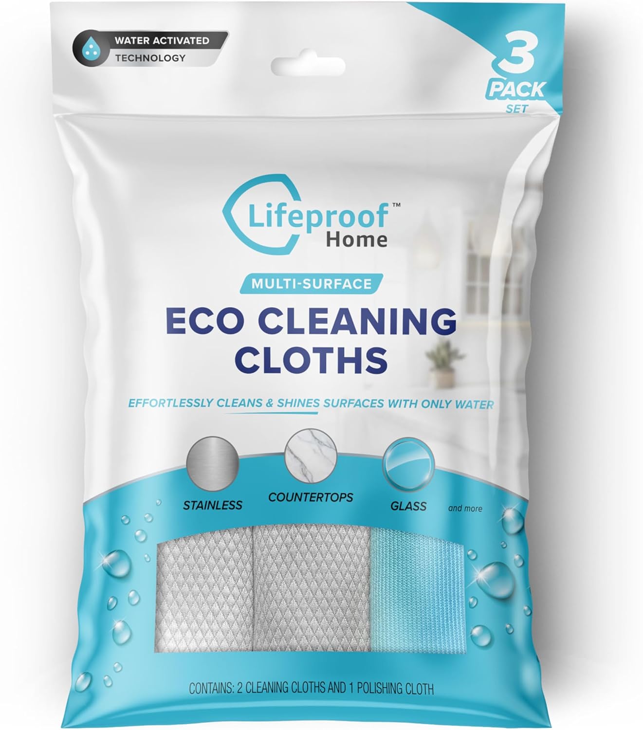 Lifeproof Streakless Microfiber Eco Cleaning Cloth Set – Effortlessly Cleans Stainless, Glass & Stone with Only Water – 3 Pack Set