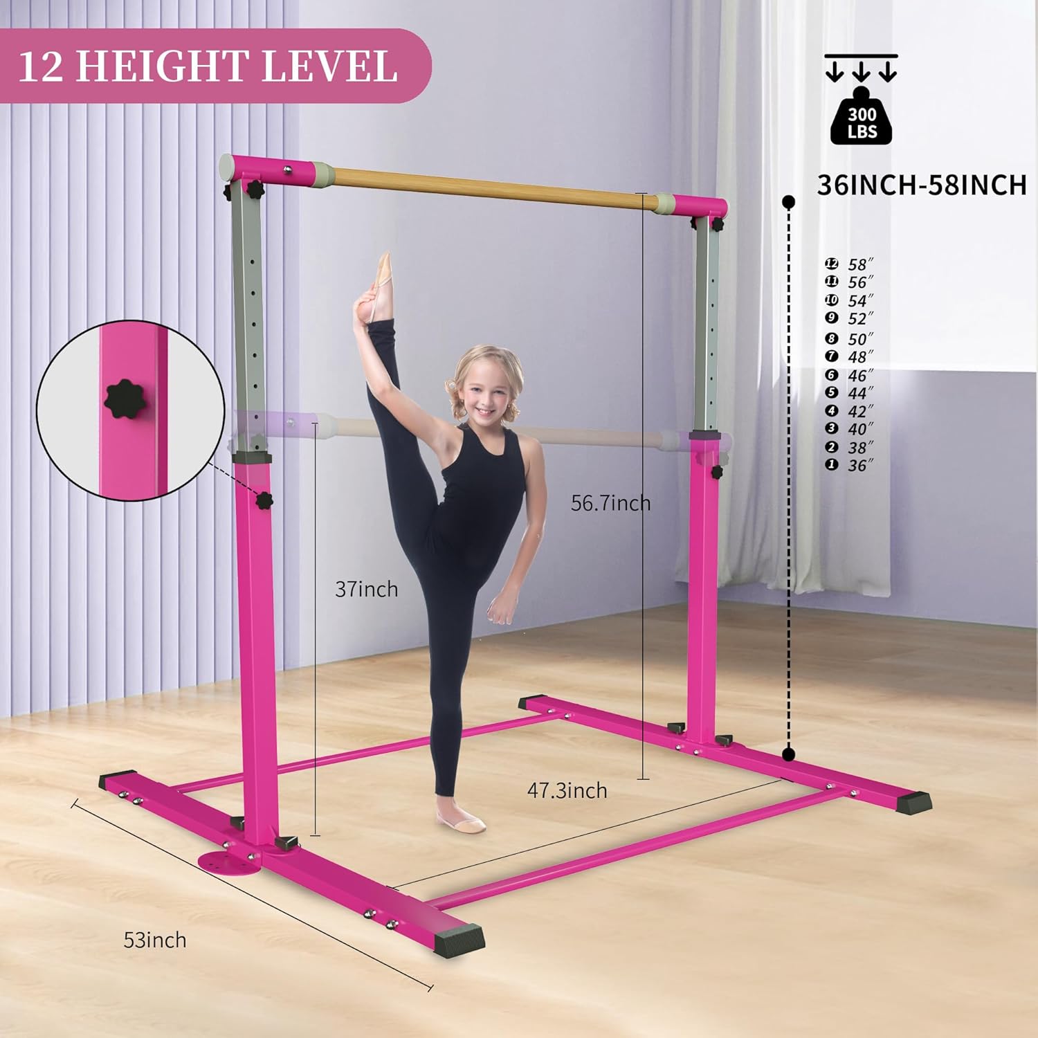 EL&IT·Wings Gymnastic Kip Bar,Horizontal Bar for Kids Girls Junior,3' to 5' Adjustable Height,Home Gym Equipment,Ideal for Indoor and Home Training,300lbs Weight Capacity