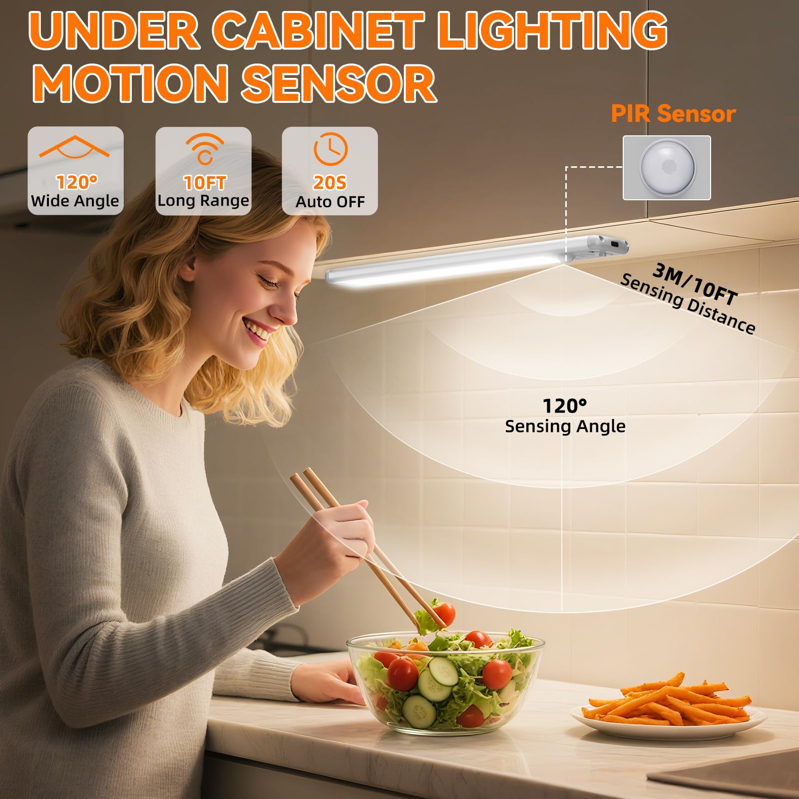 Under Cabinet Lighting Wireless Rechargeable Motion Sensor Light Indoor 3 Color Dimmable Closet Light Battery Operated with LED — view 2
