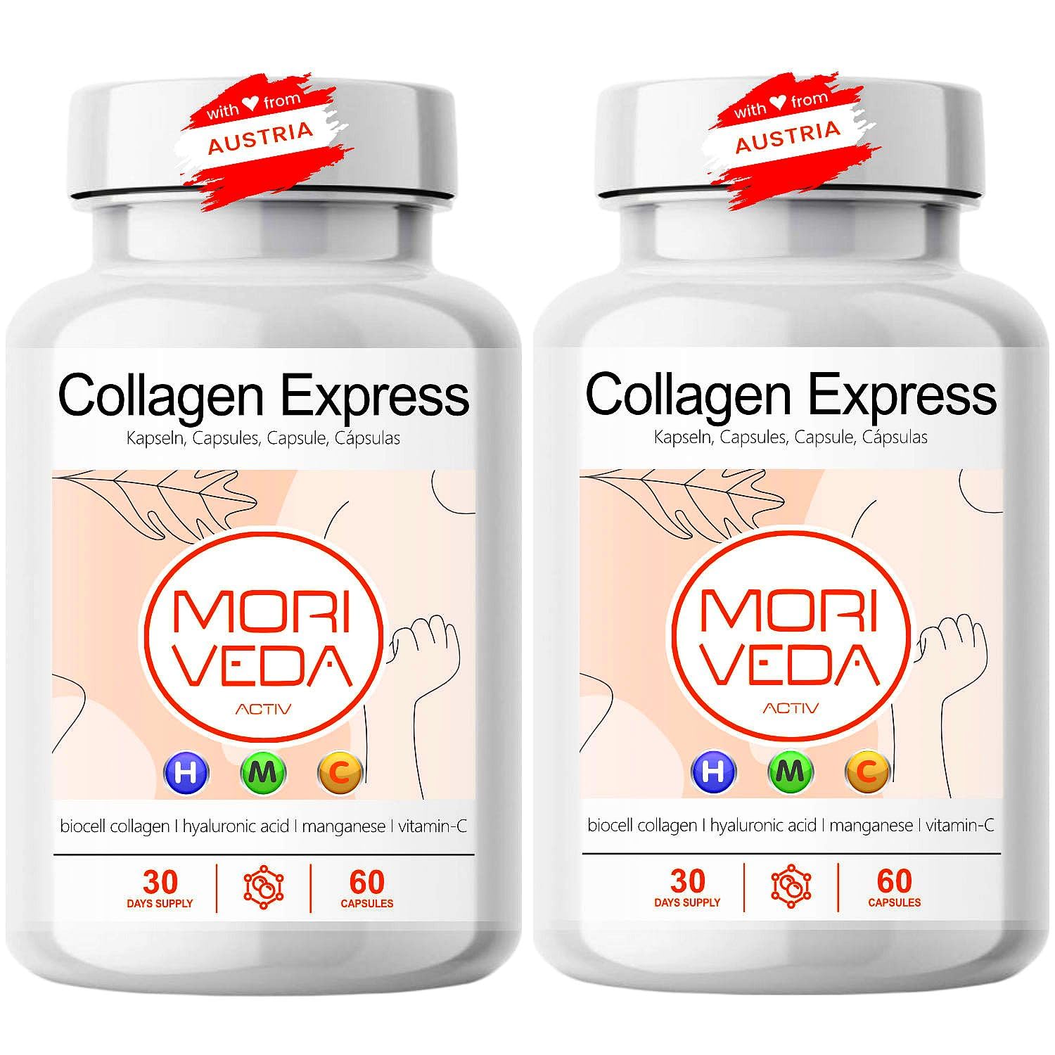 Capsule Collagen Express con collagene biocellulare di tipo II - 2 mesi di fornitura - acido ialuronico, condroitina solfato, vitamina C e manganese -pelle capelli articolazioni-da MoriVeda 2x60 pezzi
