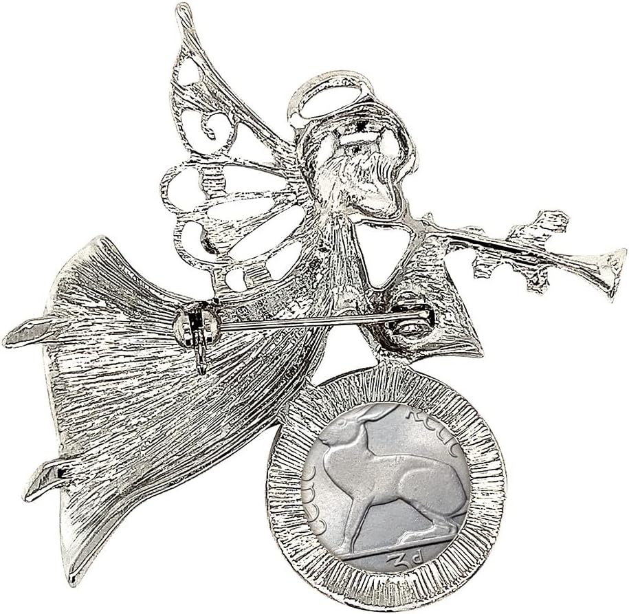 Brooch Irish Threepence Coin Jewelry- Angel Pin- Silvertone Bezel-Minted in Ireland Featuring Harp Side