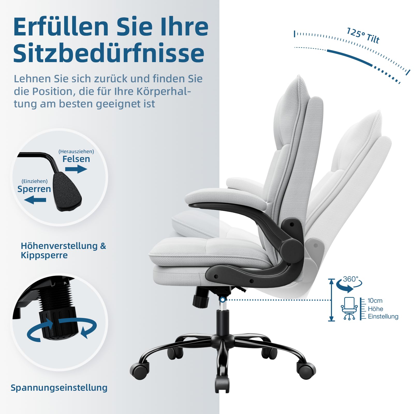 BAYGE Sedia Ufficio, Sedia Ergonomica per Computer con Braccioli Ripiegabili, Poltrona Direzionale con Sedile Largo, Altezza Regolabile, Comoda per Ufficio, Casa e Giochi, Portata fino a 150 kg,Grigio
