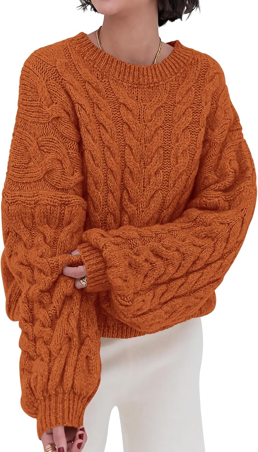 PRETTYGARDEN Womens Sweaters Spring 2026 Cable Knit Long Sleeve Crewneck Oversized Sweater Chunky Pullover Loose Outfits