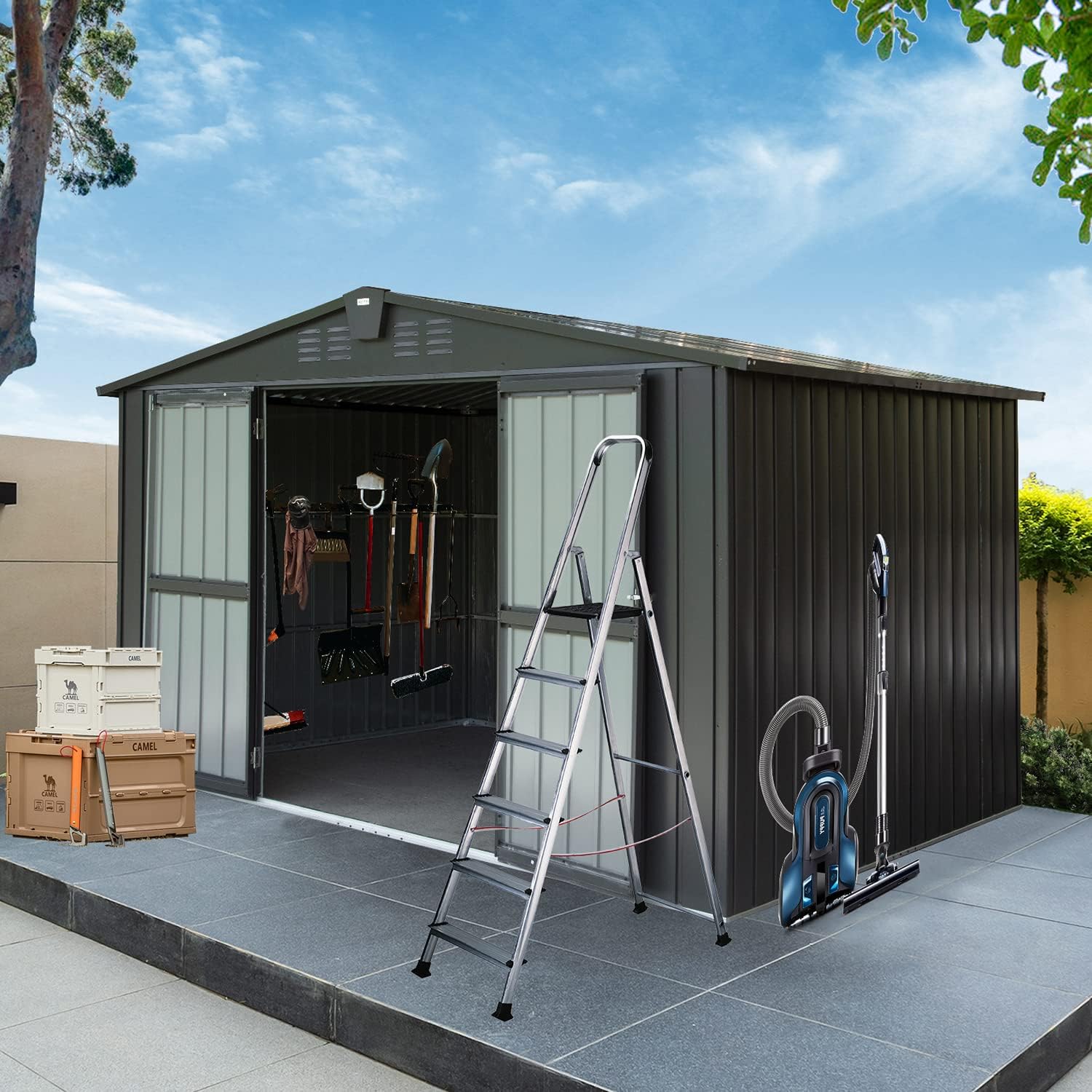 Domi Outdoor Storage Shed 10x8 Ft. Metal Tool Sheds Storage house with Lockable Double Door Large Bike Shed Waterproof for Garden Backyard Lawn, Dark Grey. (Box 2 of 2 Only)