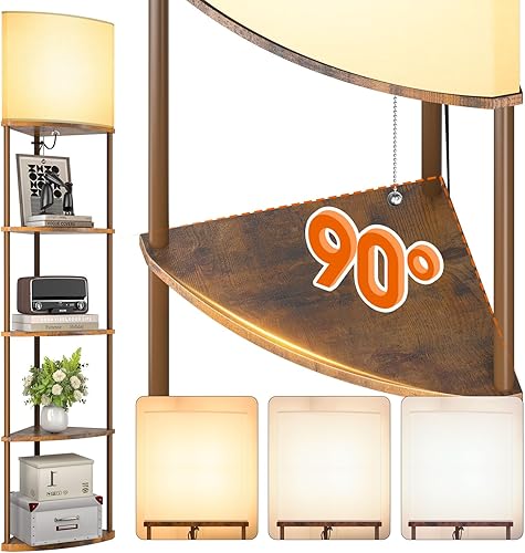 addlon Lámpara de pie con estantes, lámpara de esquina ajustable de 5 niveles con 3 temperaturas de color y pantalla de lino, modernas lámparas de