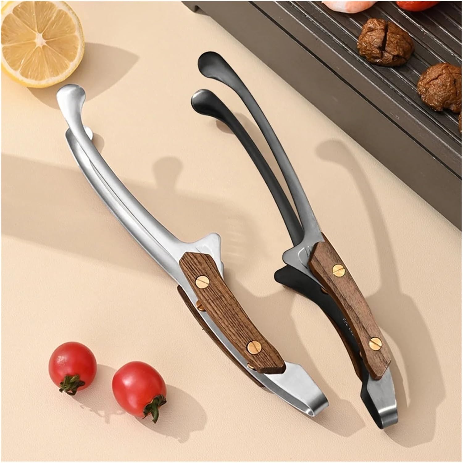 304 Stainless Steel Grill BBQ Tong Heat Resistant Cooking Tong with Wood Grip Steak Clip Picnic Hiking Cookware Camping Supplies(Black 2 PCS)