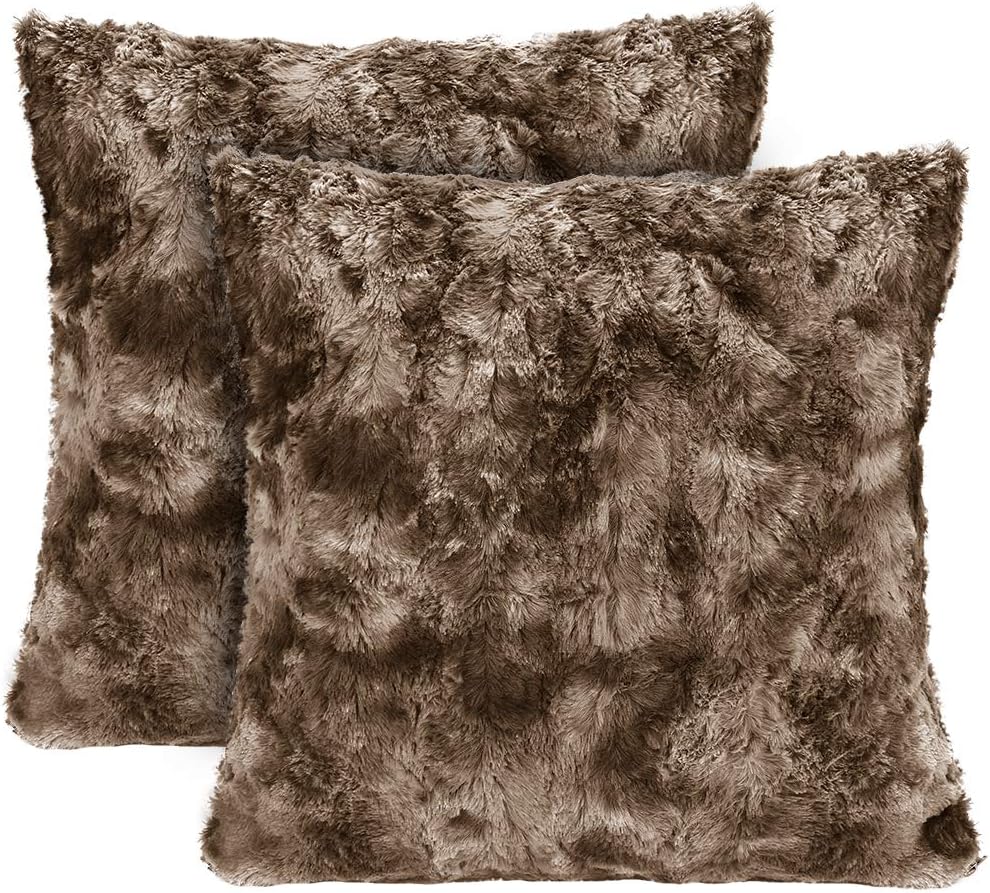 LANGRIA Set of 2 Decorative Faux Fur Cushion Covers 18x18, Soft Plush Shaggy Throw Pillow Case with Short Faux Fur and Hidden Zip Closure for Bed Sofa Couch - Filling Not Included (2-Pack, Brown)
