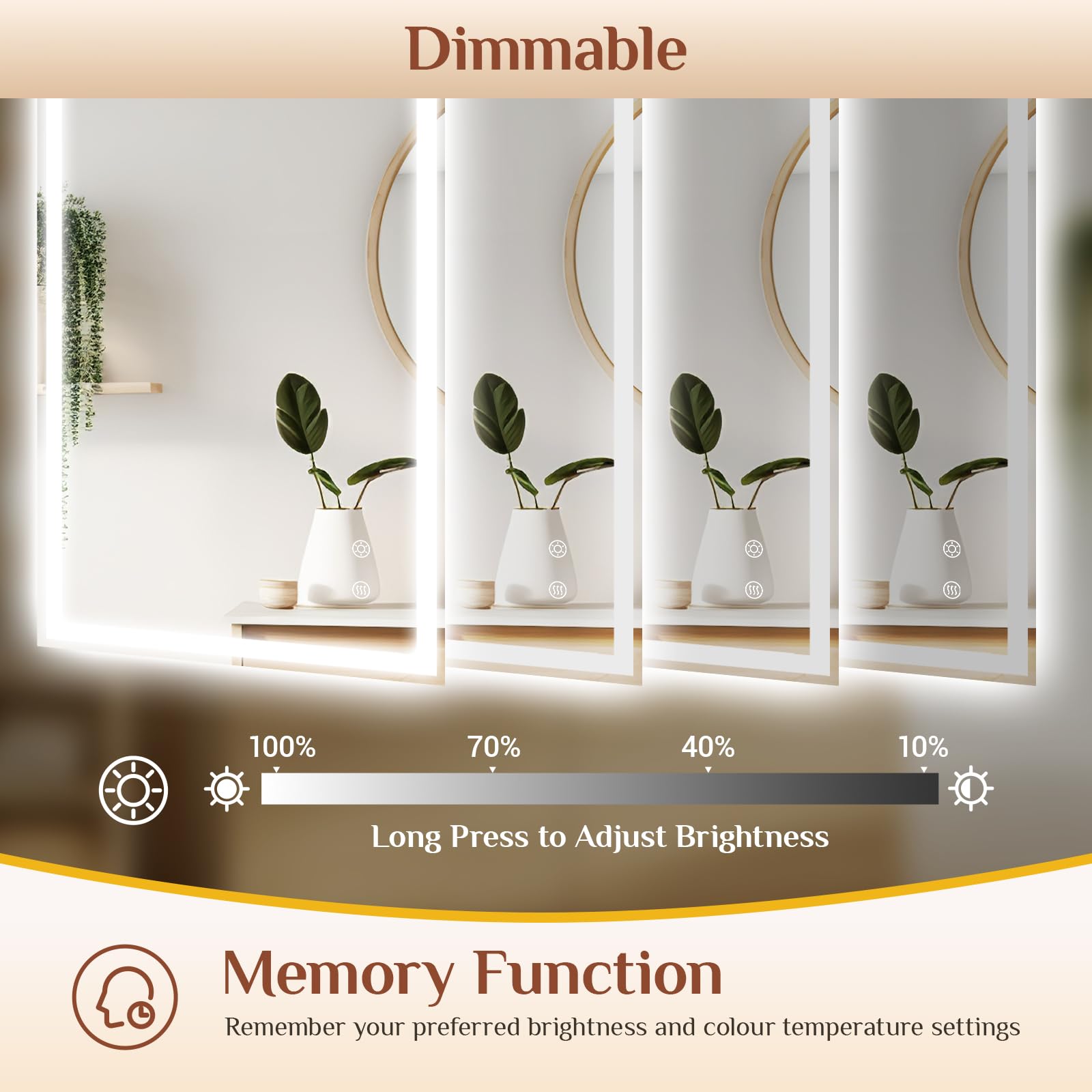 Clevich Specchio da bagno con illuminazione 120 x 60 cm, specchio LED con 3 colori di luce, dimmerabile, vetro temperato, protezione contro le esplosioni, interruttore touch, funzione memoria