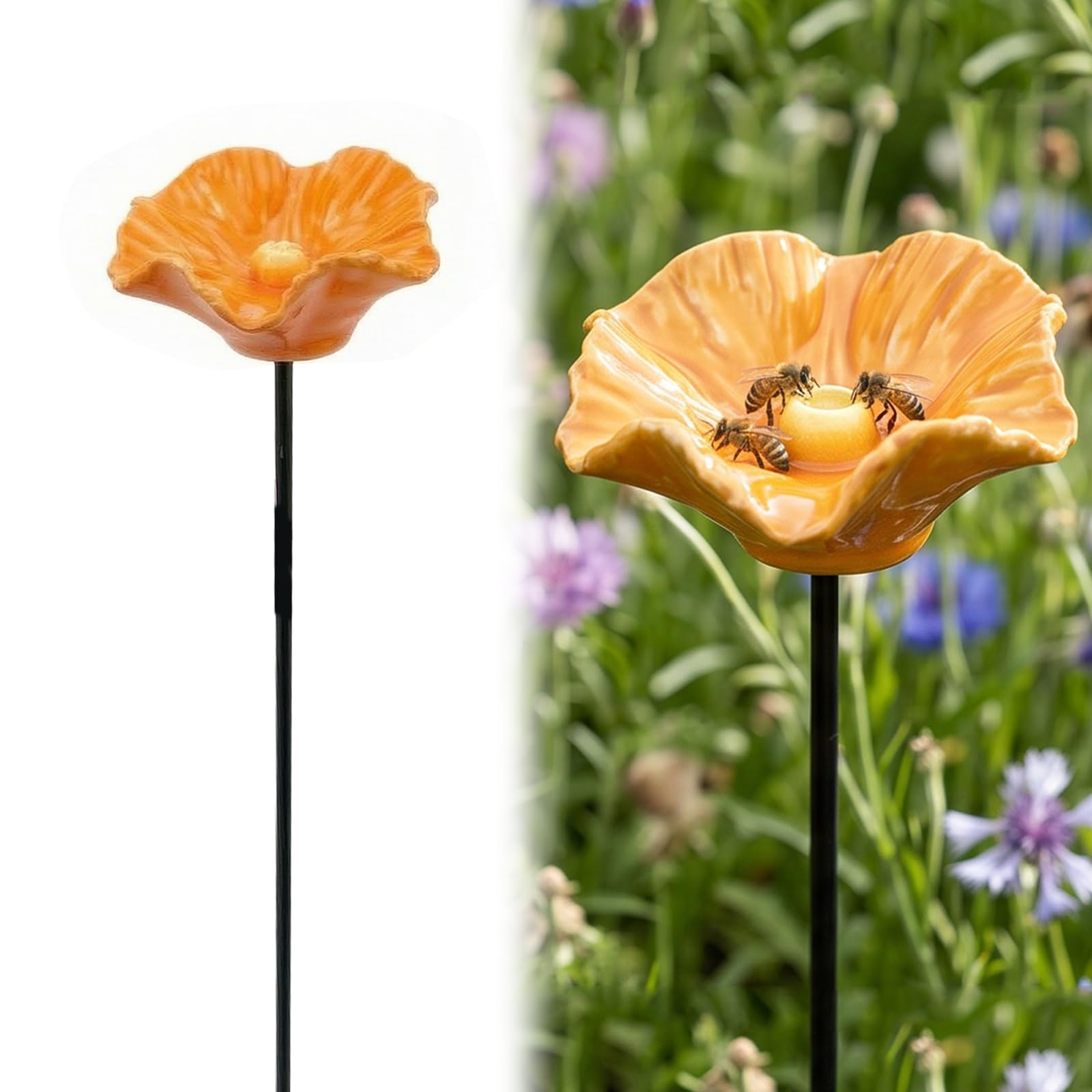 Ceramic Bee Watering Station for Garden, Handmade Mini Pollinator Watering Station, Colorful Flower Bee Water Feeder & Butterfly Bird Bath, Small Outdoor Garden Stake Yard Art Decor Gift