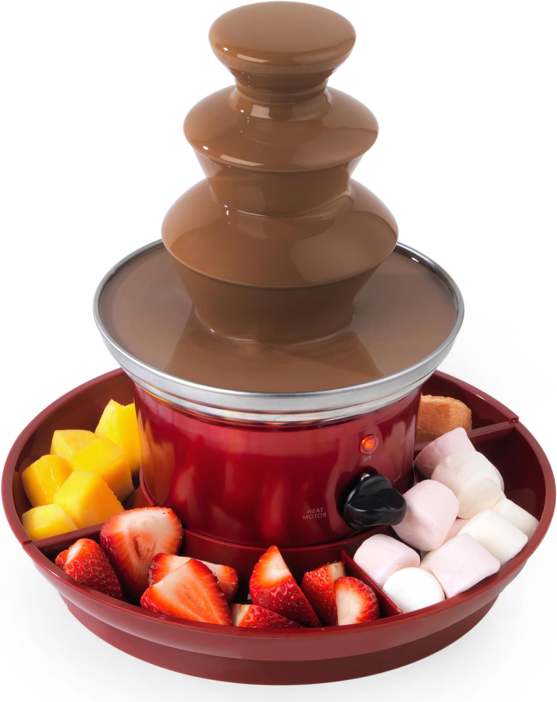 American Originals Electric Chocolate Fountain, 3 Tier Cascading Fondue Set with Hot Melting Pot Base, Party Dip & Share Machine, Mini Set Includes 2 Food Trays & 100 Bamboo Skewers, 90W, Red