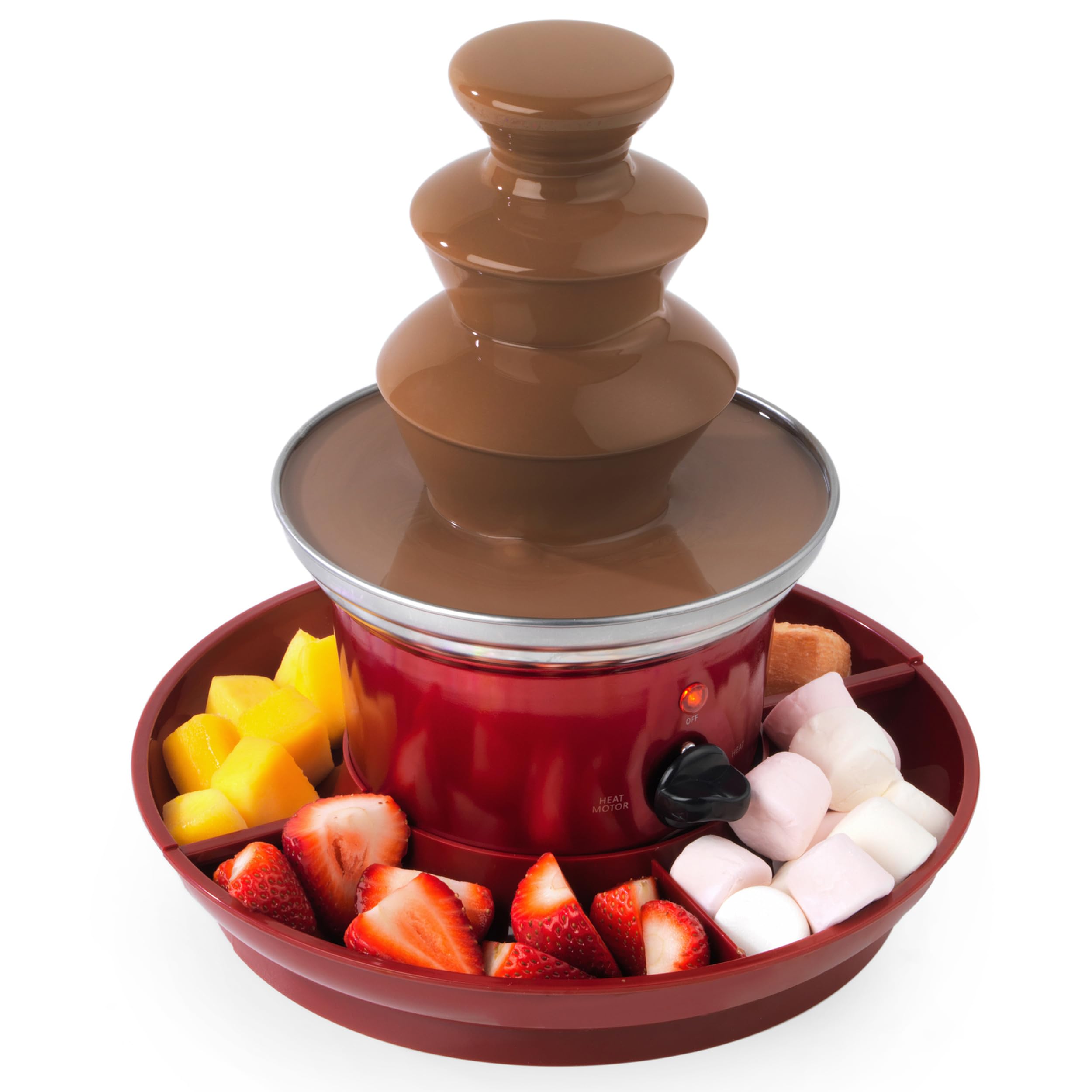 American Originals Electric Chocolate Fountain, 3 Tier Cascading Fondue Set with Hot Melting Pot Base, Party Dip & Share Machine, Mini Set Includes 2 Food Trays & 100 Bamboo Skewers, 90W, Red