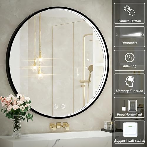 Miniatura 3 de Espejo redondo LED, espejo de baño con marco de metal negro de 36 pulgadas con luz, espejo de tocador iluminado de 6000 K, montaje en pared,