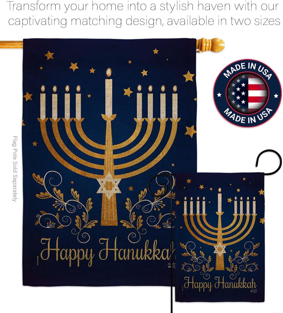 Happy Hanukkah Burlap Garden Flag Winter Candle Bonsai Menorah Jewish Chanukah David House Decoration Banner Small Yard Gift Double-Sided, 13"x 18.5", Made in USA