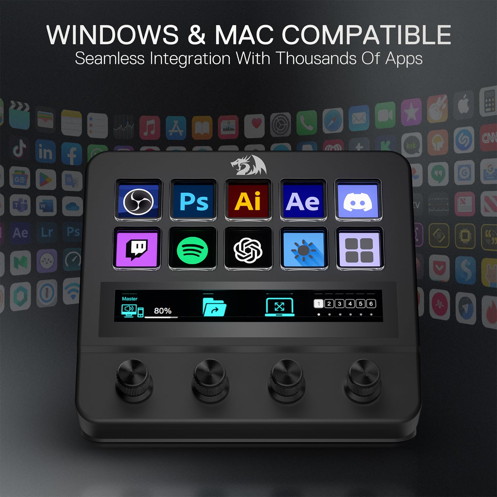 Redragon SS552 Stream Controller ? Pad macro tout-en-un avec bande tactile personnalisée, touches et cadrans LCD, station de diffusion pour créateurs de contenu, streaming, jeux ? Compatible PC et Mac