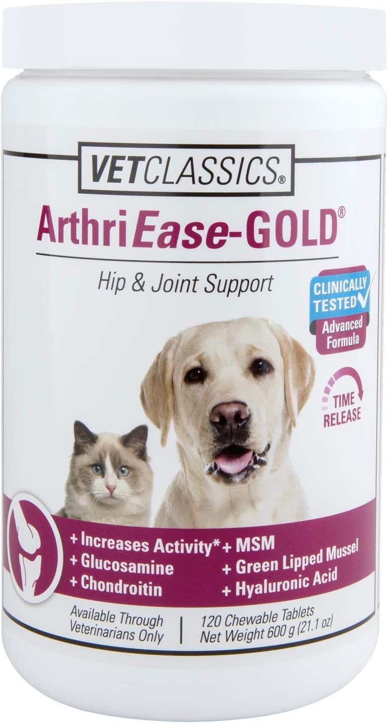 Vet Classics ArthriEase-Gold Hip & Joint Support for Dogs, Cats, Horses – Chewable Tablet Health Supplement – Alleviate Aches, Discomfort – for Flexibility, Healthy Joint – Antioxidant – 120 Ct