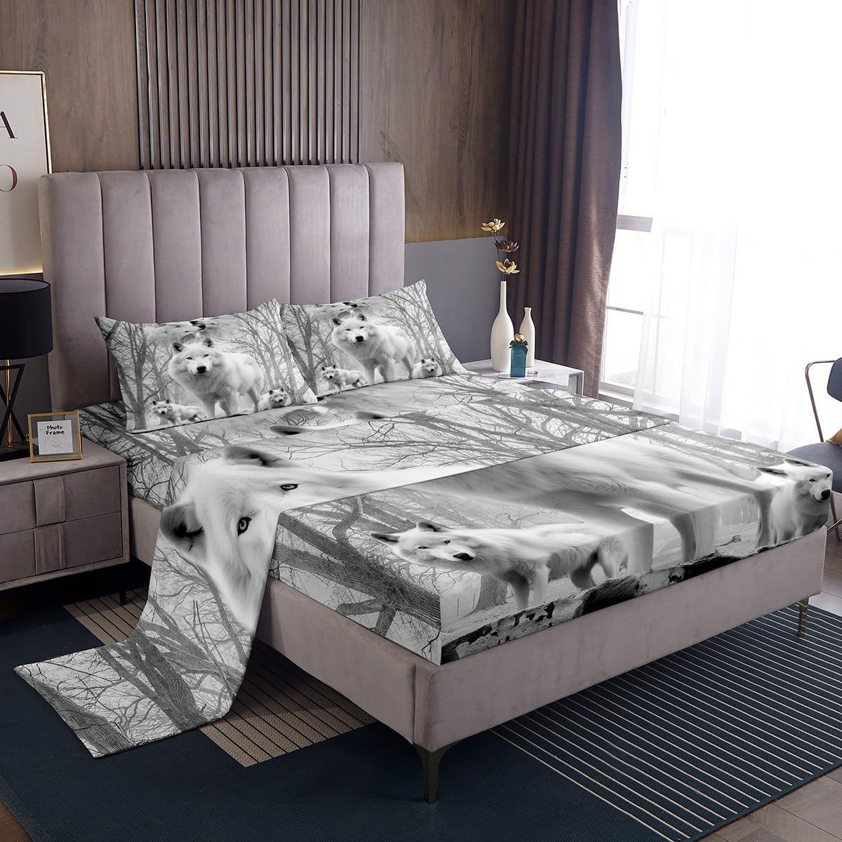 White Wolf Fitted Sheet Wolves Couple Bedding Sets Safari Animals Bed Sheets Wolf Family Exotic Wildlife Woods Nature Sheet Set Deep Pocket 4 Pieces Top Flat Sheet 2 Pillow Cases Queen