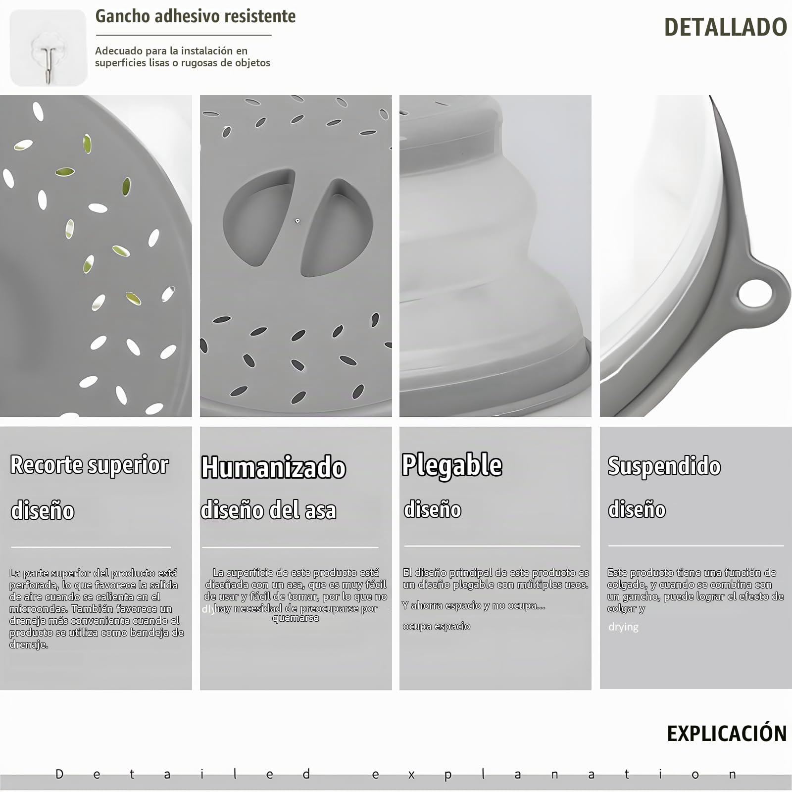 Tapa Microondas Plegable, Libre BPA, Con Asa y Ventilación, Plástico Gris
