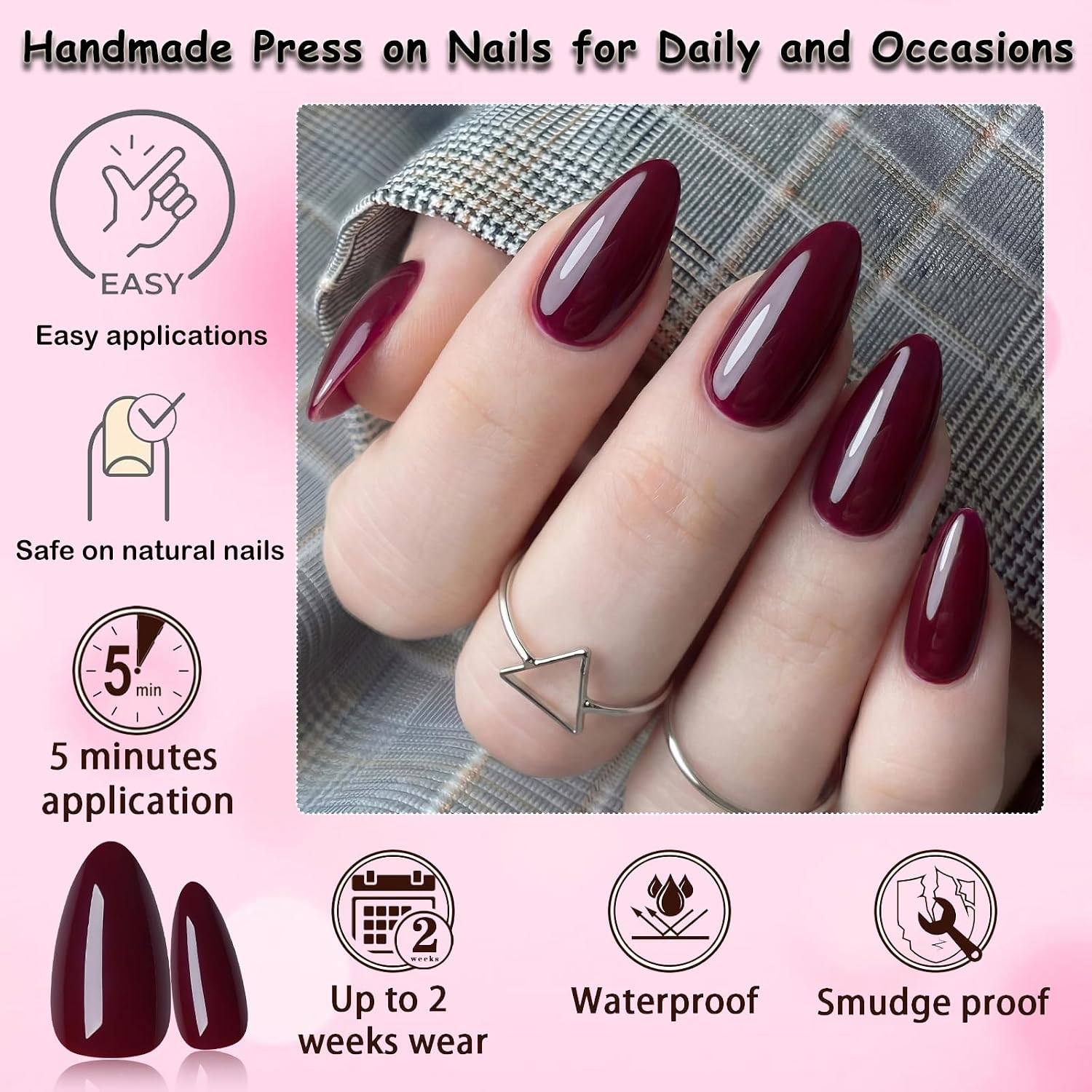 240pc Burgundy Press on Nails Medium Almond Fake Nails with Glue Tabs, Medium Nails Press ons Nail Almond Glue on Nail Red Wine Acrylic Nail Short Stiletto Stick Nail Women Artificial Fingernail