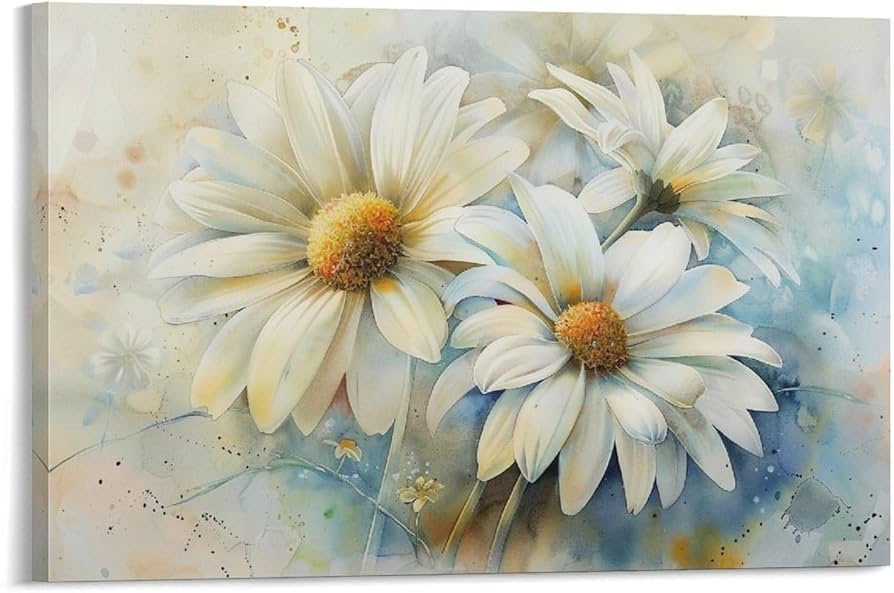 Amazon.co.jp: 絵画 白いデイジーの水彩画 アートパネル ポスター 魅力