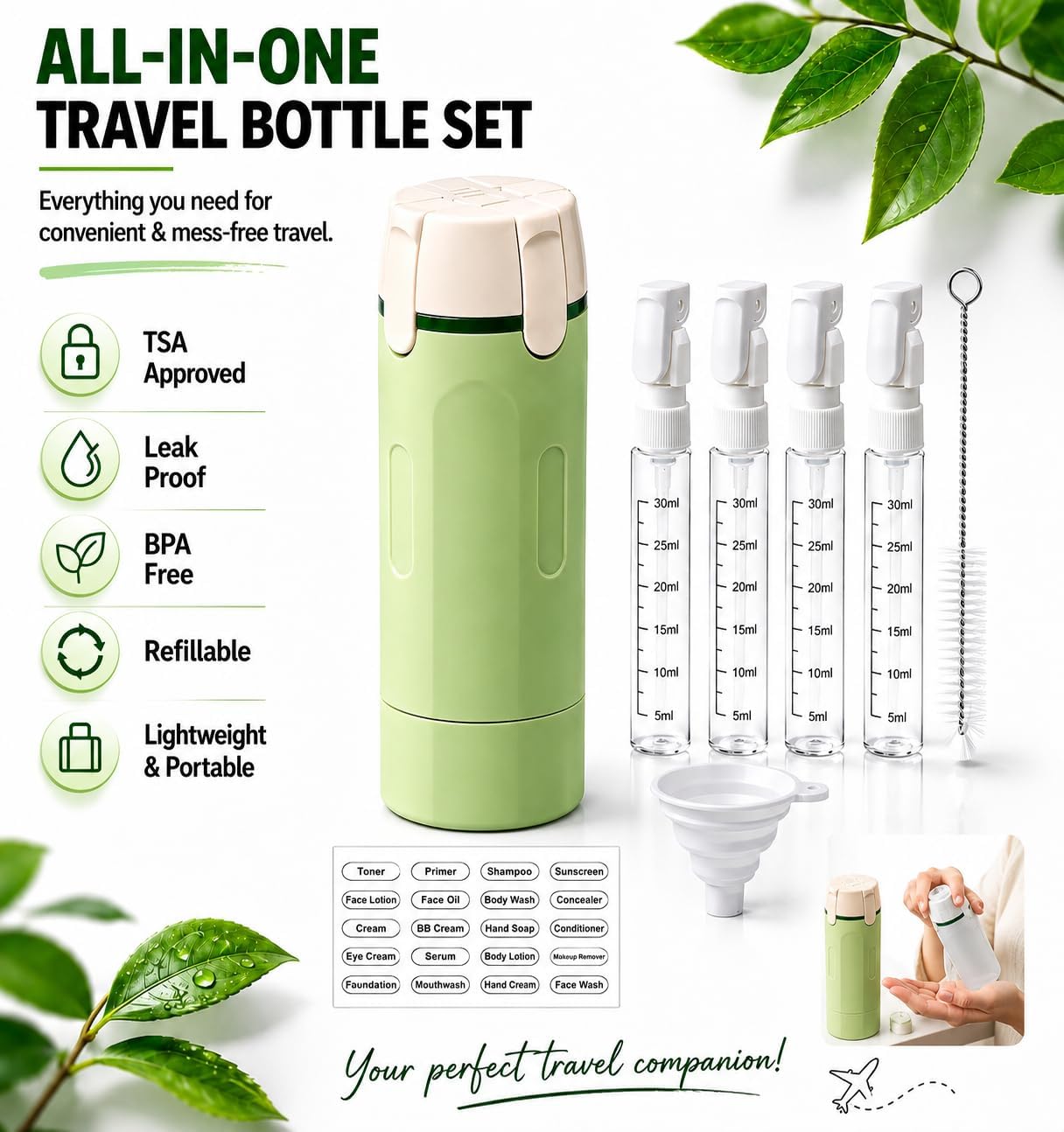 4 in 1 Travel Dispenser for Toiletries, TSA Approved Leak Proof Refillable Travel Bottles for Shampoo, Conditioner, Lotion & Soap, Portable Travel-Size Container Accessories for Women & Men