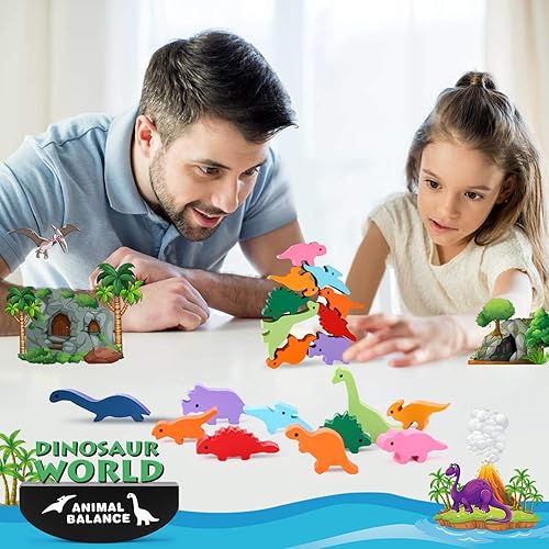 Miniatura 2 de Juego de apilamiento de madera de juguete de dinosaurio: desafiante juego Banlance - Desarrollar habilidades de coordinación de concentración para