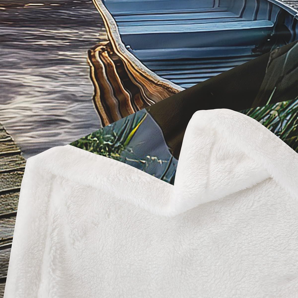 Manfei Lake Life Kids Throw Blanket,Retro Lodge Boat Rustic Nature Bed Blanket for Boys Girls,Lake House Fishing Boating Fleece Blanket,Green Blue Fuzzy Blanket,Twin Size (60 x 80 Inches)