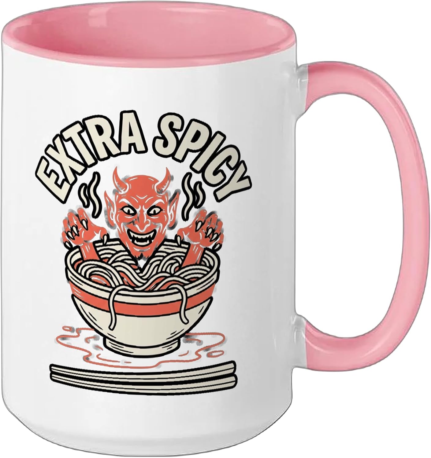 Extra Spicy Japanese Ramen Noodles Hot Devil Foodie Ceramic Mug, Pink/White, 15oz image 2
