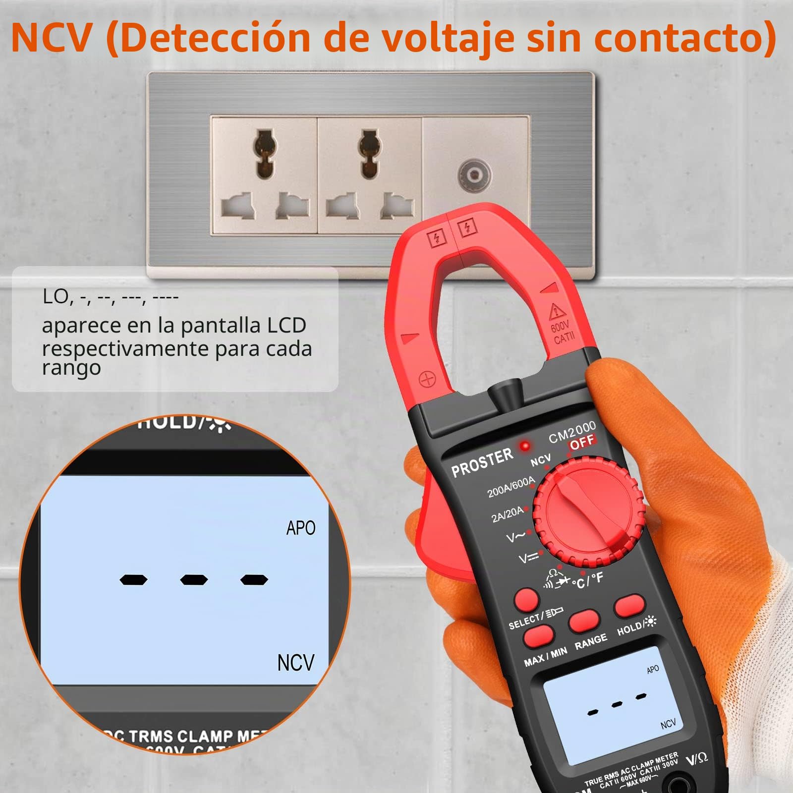 Proster Pinza Amperimétrica 2000 Cuentas 600A TRMS NCV Multímetro Digital Rango Automático con Pantalla Retroiluminada para Voltaje AC DC Corriente AC Diodo Resistencia Continuidad Temperatura