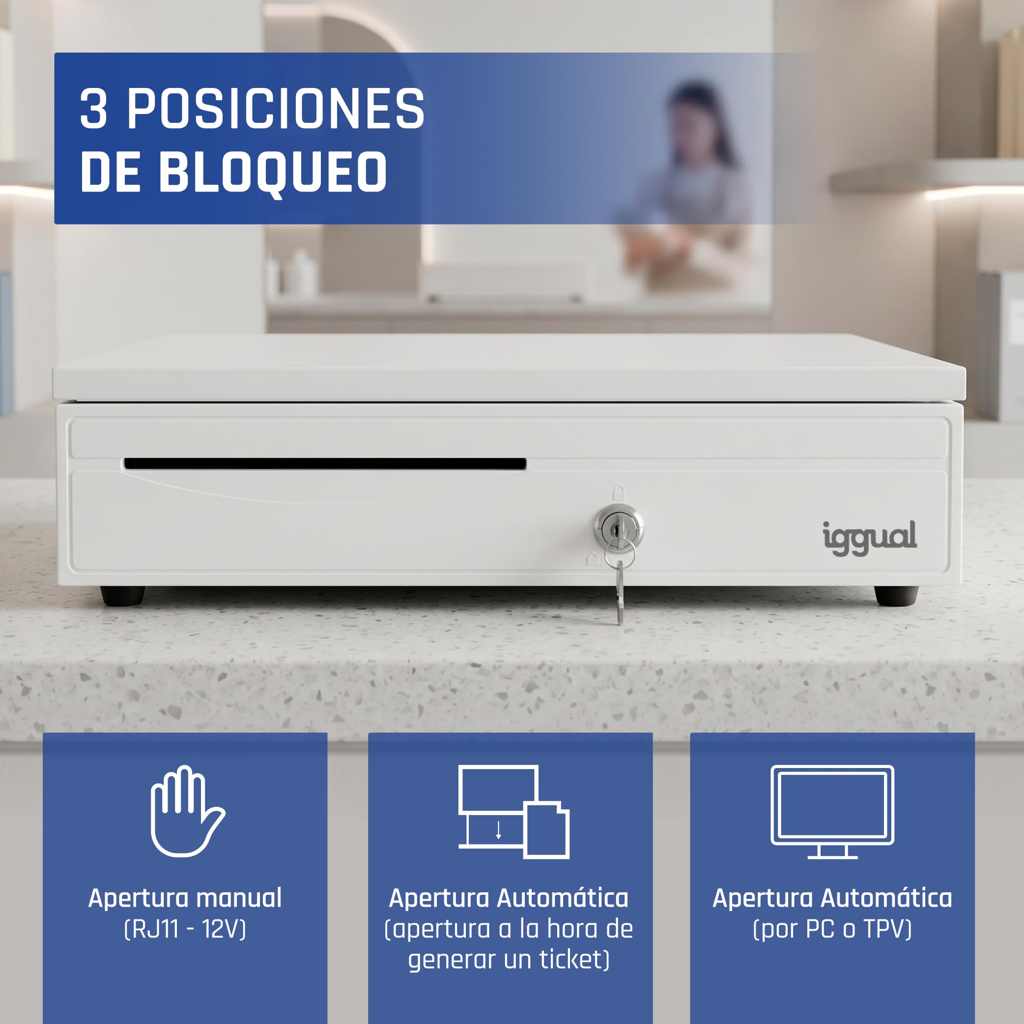 iggual -Tiroir caisse IRON-30PW - Caisse Enregistreuse Manuelle ou Automatique pour 5 Billets et 5 Pièces - Serrure à 3 Positions - Acier + Plastique ABS - Usage Professionnel - Blanc Pur (42x40,5x10)