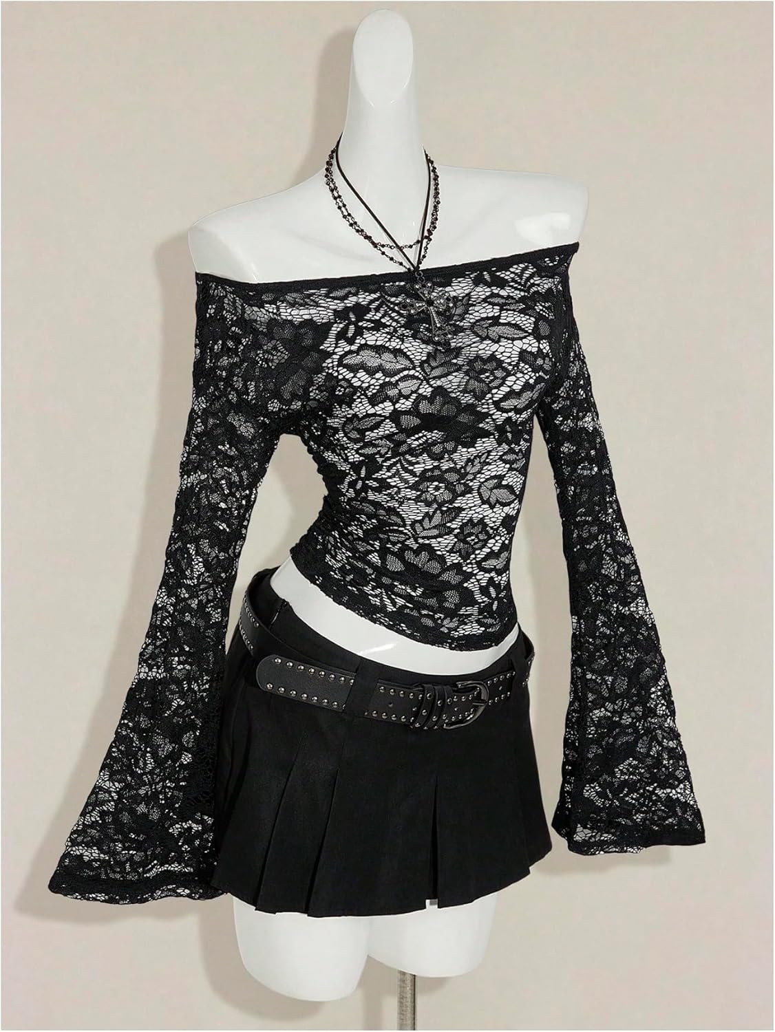 Women's Off The Shoulder Crop Tops Sexy Lace Sheer Mesh Party Club Tops Long Bell Sleeve Going Out T Shirts - Image 4