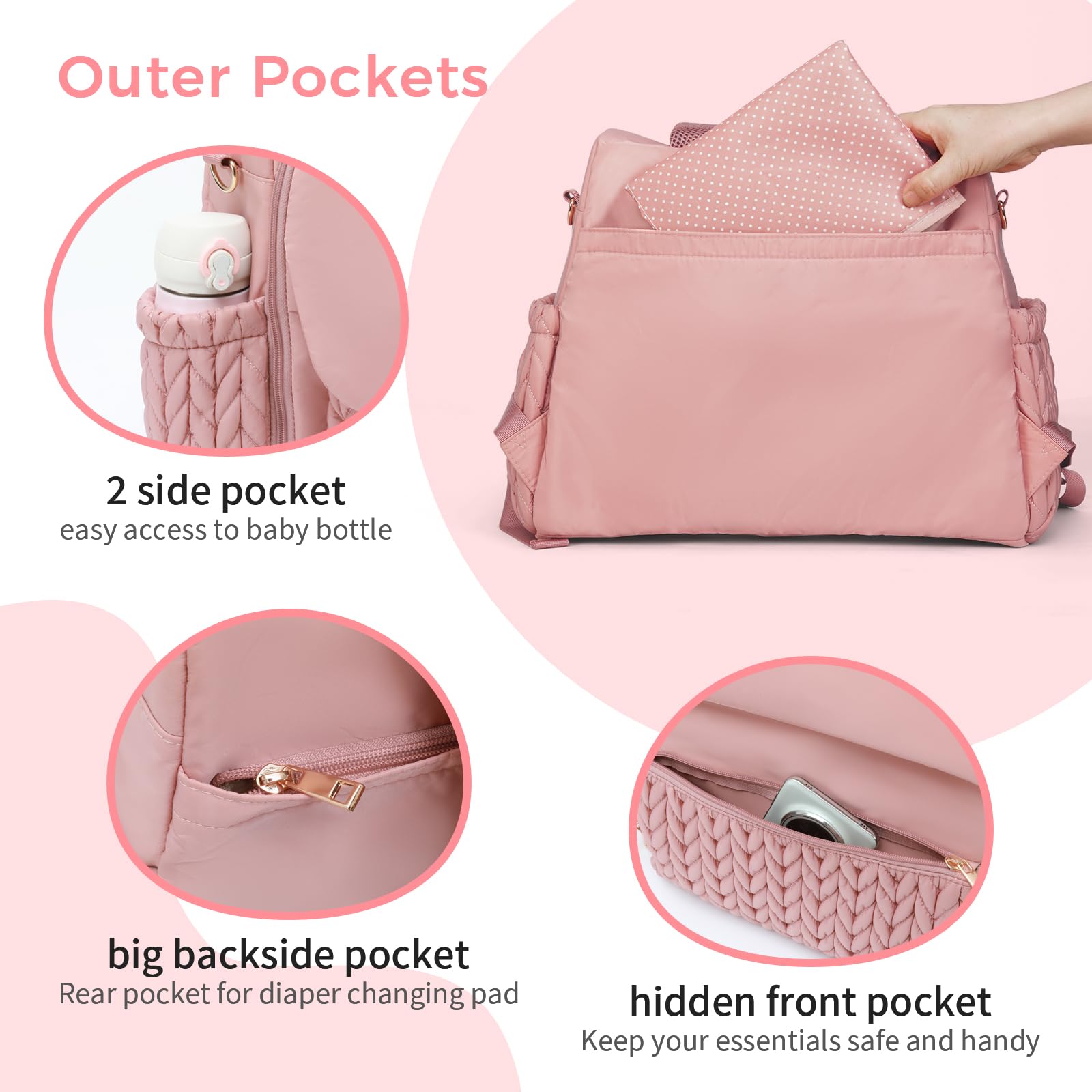 Leila Wickelrucksack mit verstellbaren Schultergurten, Kinderwagen-Clips und Wickelauflage – Modebewusste & wasserdichte Wickeltasche(Staubrosa)