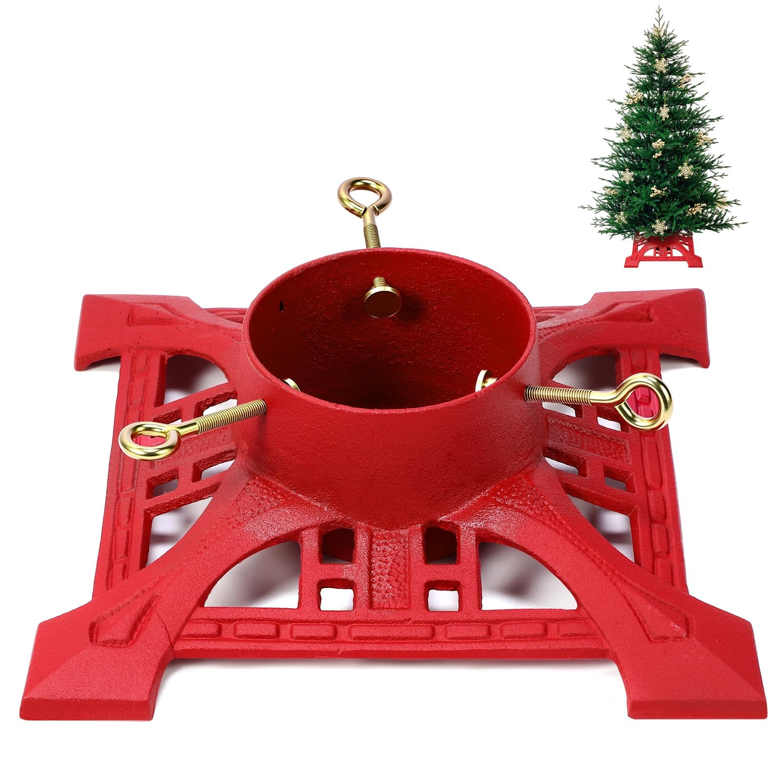 Huwena Support de sapin de Noël avec réservoir d'eau de 2,4 m, support de sapin de Noël artificiel véritable pour sapin de Noël jusqu'à 12,7 cm, base en fonte pour décoration rustique de Noël (rouge