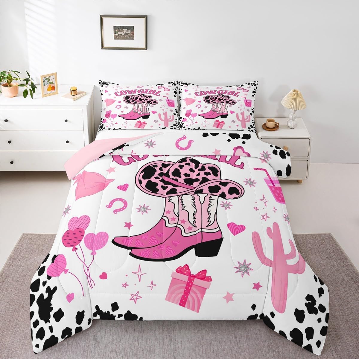 Castle Fairy Pink Cowgirl Comforter Set Queen Size,Milk Cow Print Cowboy Hat Boots Cactus Bedding Set for Women Adult,Stars Horseshoes Western Rodeo Luxury Bed Duvet Insert, 2 Pillowcases