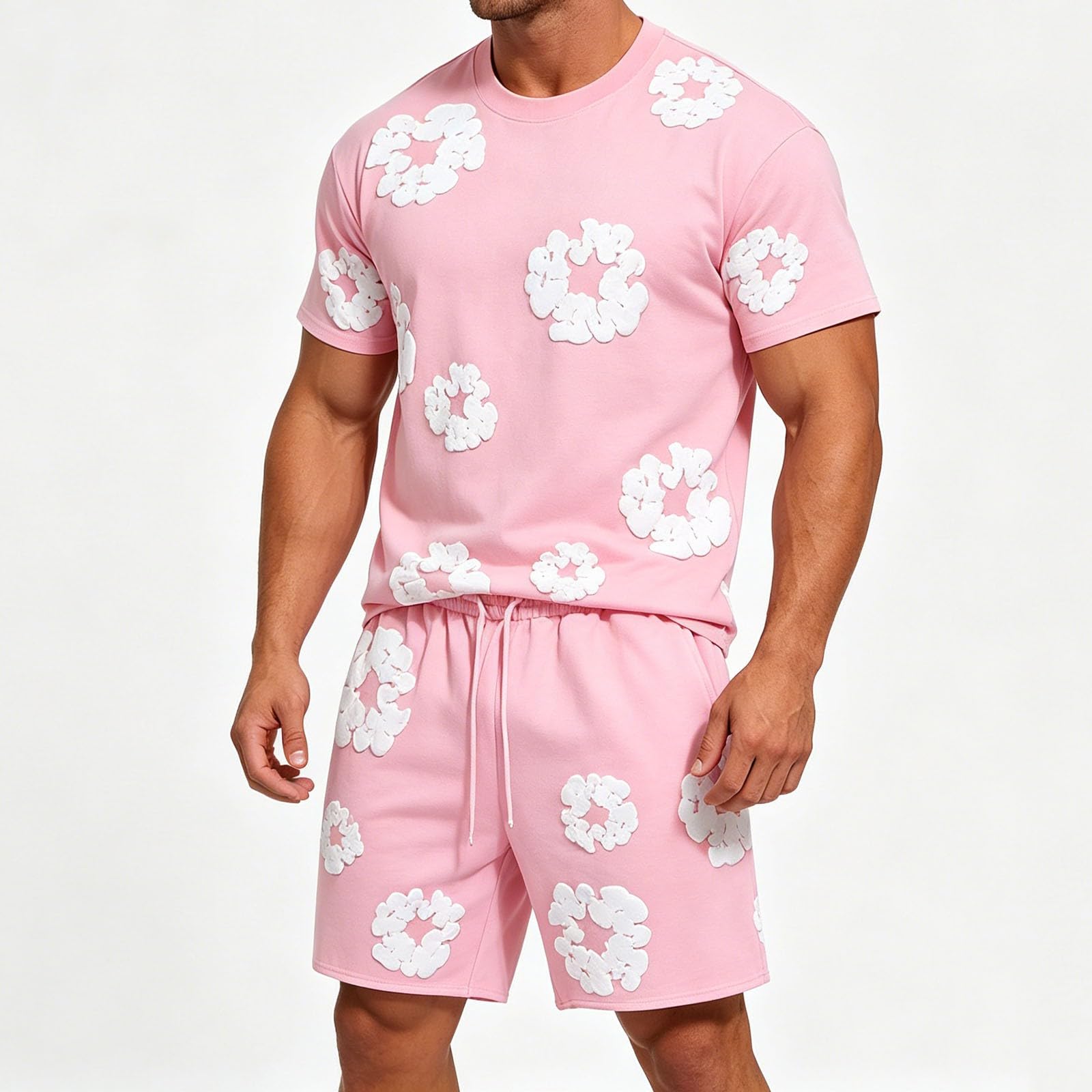 Sommer Outfit Herren 2 Teiler Herren Sommer Sportanzug T-Shirt Und Shorts Set Blumen Motiv Trainingsanzug Jogginganzug Kurz Zweiteiler Freizeitanzug Sport Kleidung Y2K Streetwear Fitnessanzug