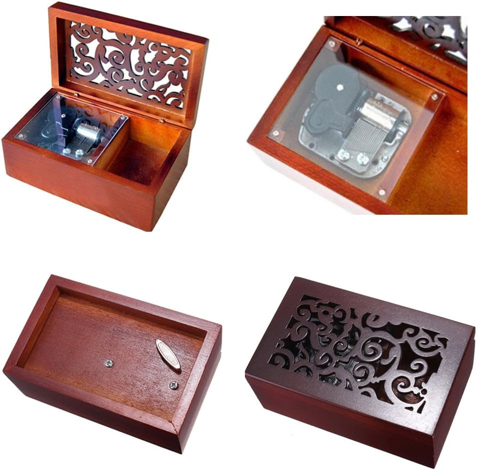 FnLy Antique Engraved Wooden Wind-Up Musical Box,Edelweiss Musical Box,with Silver-Plating Movement in,Rectangle