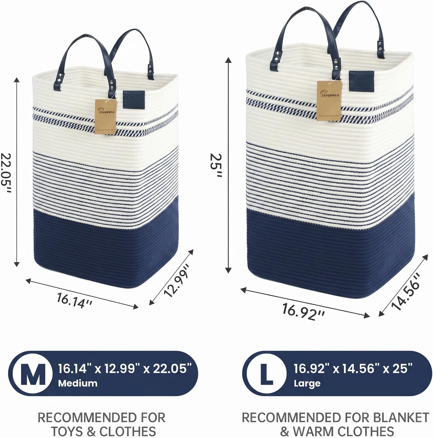 danpinera 75L Woven Laundry Hamper with Long Leather Handles, Baby Laundry Basket for Nursery, Tall Hampers for Bedroom Aesthetic, Decorative Clothes Storage Basket for Family, White & Navy Blue
