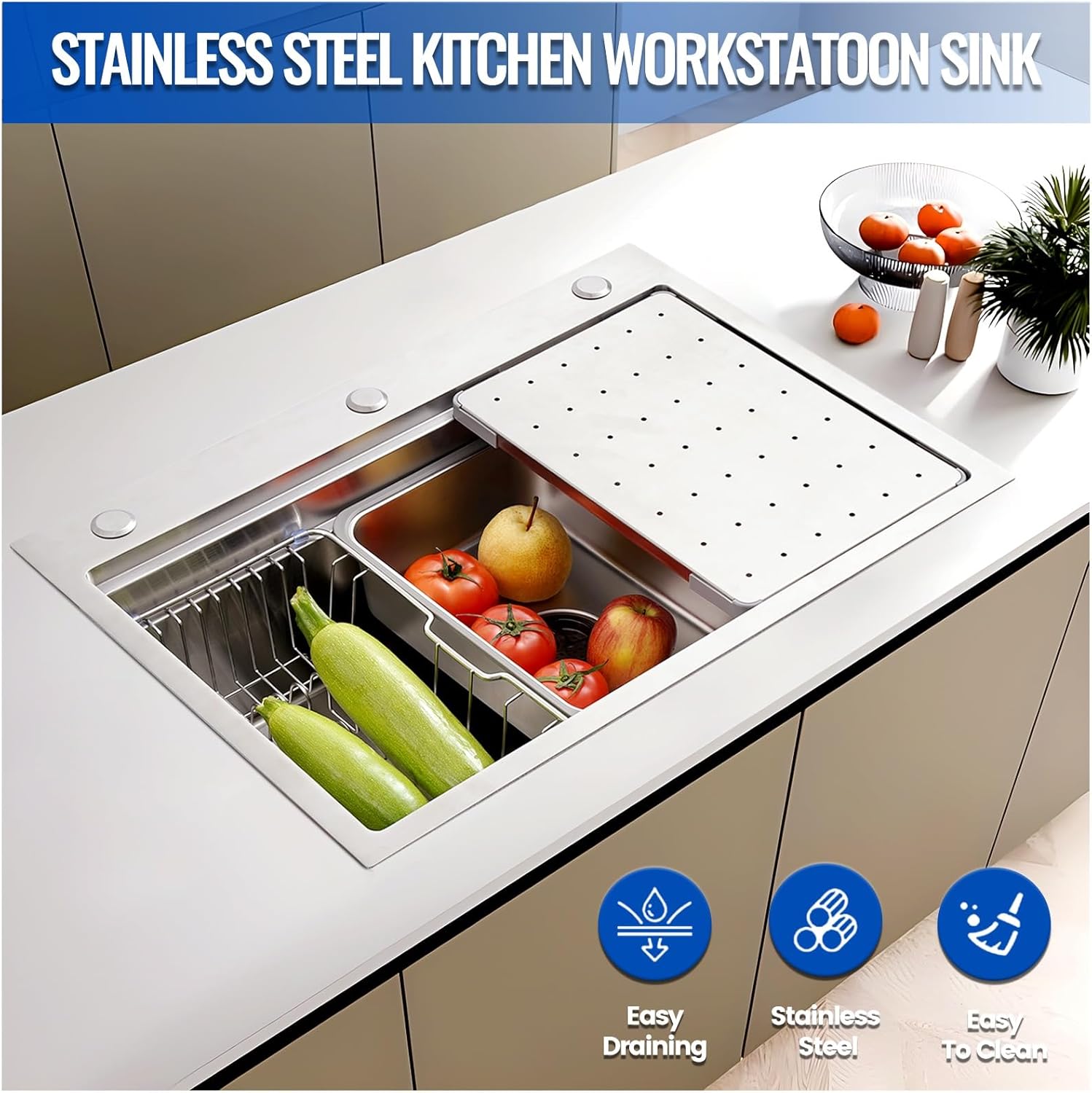 Large Kitchen Sink, With Drain Kits, 304 Stainless Steel, Heavy Duty Kitchen Bar Sink, Single Bowl Sink, For Drop In, Undermount(B,85x50x22cm)