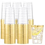 I00000 100PCS Gold Plastic Cups,10 oz Clear Plastic Cups with Gold Trim, Beer MugsDisposable Hard Cup For Party, Premium Cup Perfect for Wedding & Party