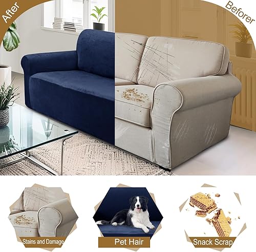 Miniatura 5 de U-NICE HOME Fundas de sofá de terciopelo elásticas Fundas de sofá para 3 cojines Protector de muebles para sofá Funda para sofá (Grande, Azul marino)