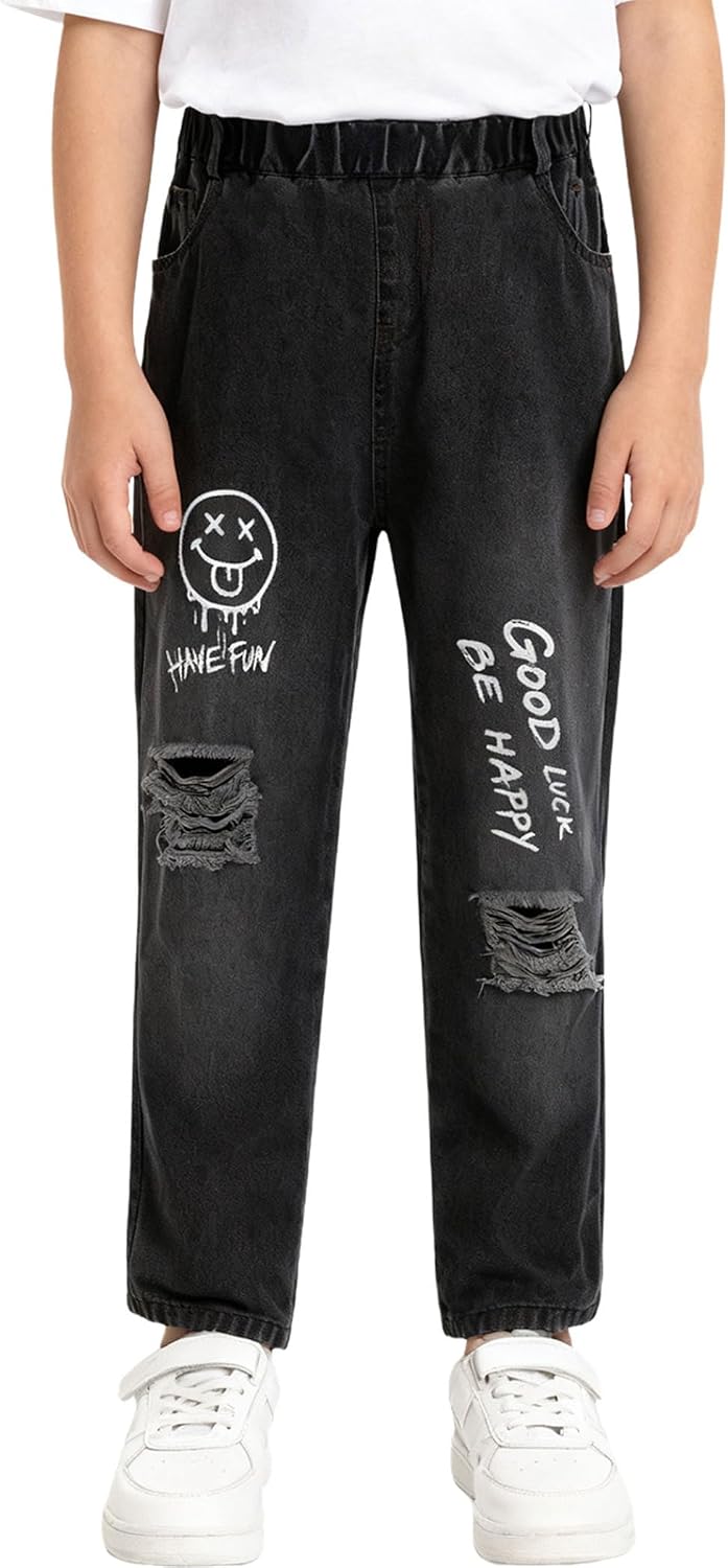 JEYPINMI Boys Casual Distressed Jeans Straight-Leg Denim Pants with Pockets Ripped Baggy Trousers Daily Wear