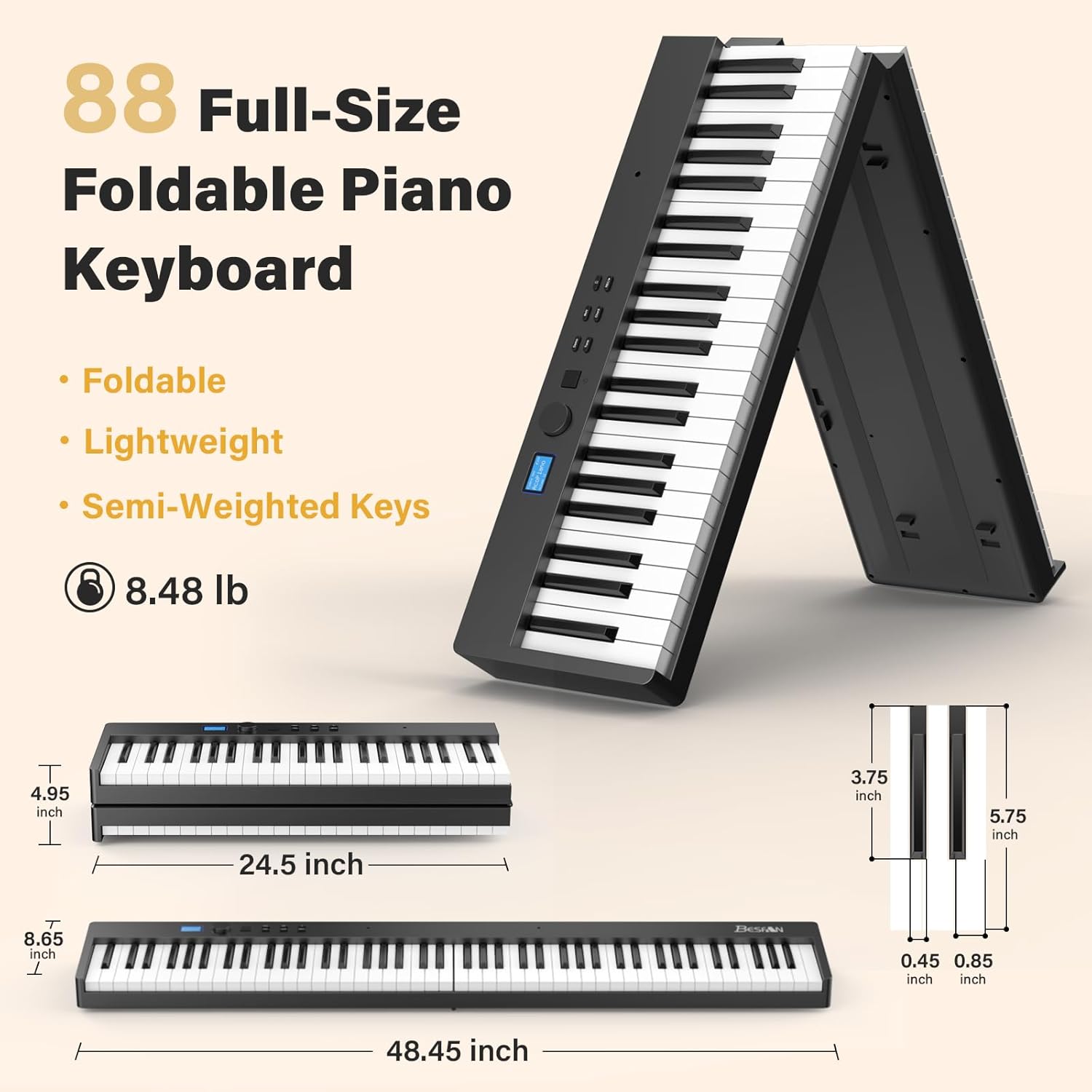 BESFAN 88 Key Folding Piano Keyboard, Portable Semi-Weighted Digital Piano with MIDI Support, Built-in Speakers, Rechargeable Battery, Travel Piano for Beginners